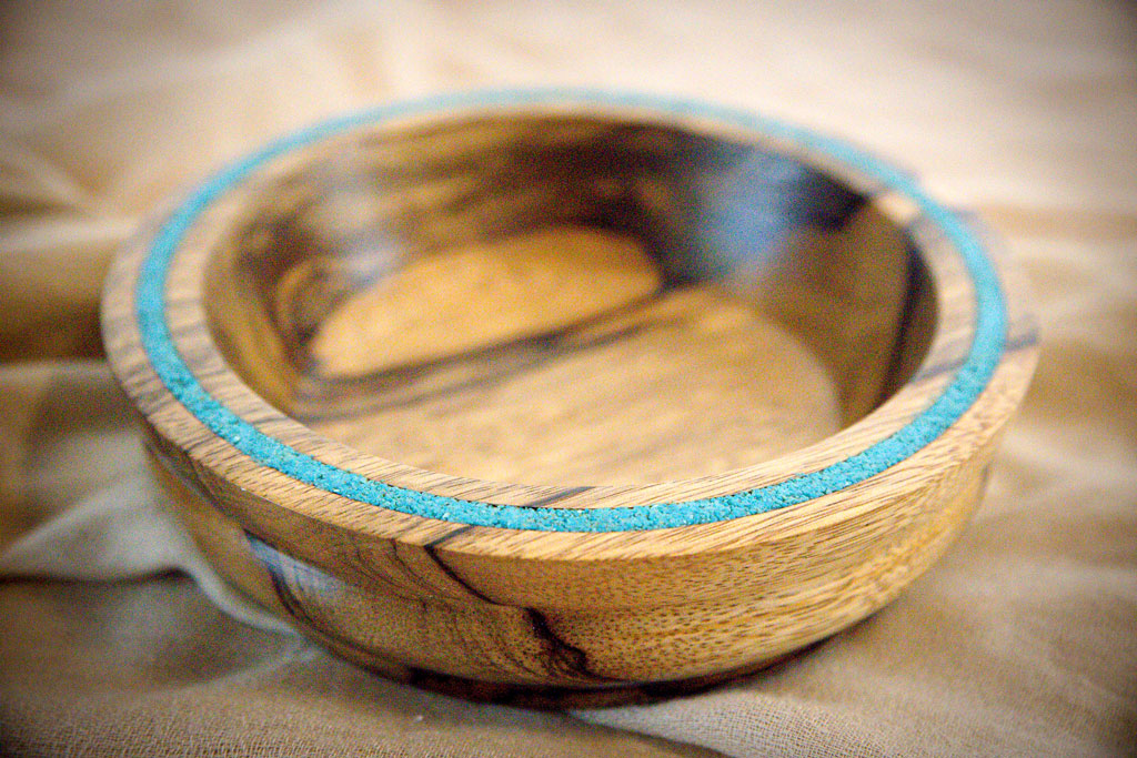 Walnut Bowl with Turquoise Stone Inlay